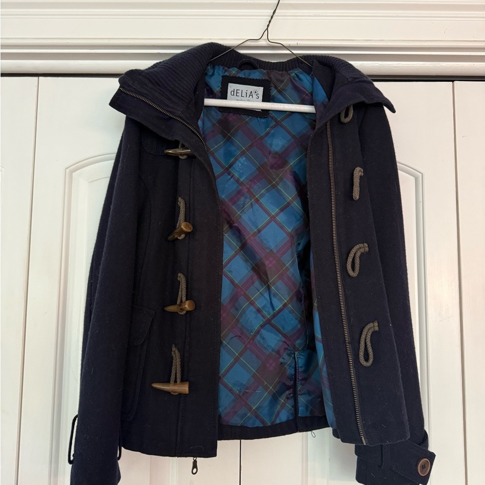 dELiA*s Navy Hooded Toggle Coat with Blue & Purple Plaid Lining